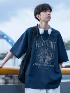 เสื้อยืดคอกลมแขนสั้นผ้าคอตตอนเนื้อหนาสำหรับผู้ชาย ทรงหลวม แฟชั่นฤดูร้อน เสื้อยืดแขนกุดสำหรับเยาวชนและนักเรียน