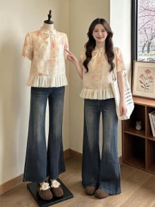 Vintage Print Short Sleeve Slim Fit Plus Size Chinese Style Shirt