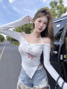 GUZILIAN | Sweet Cool Spicy Butterfly Print Long Sleeve Slim Fit Base Shirt American Heavy Embroidery Asymmetrical Neck Hanging Top