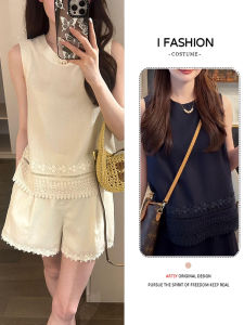 Shalldoer | New Chinese Style White Lace Embroidery Linen Vest Set Women Summer 2025 Simple Casual Shorts Two Piece Set Round Neck Short Sleeve