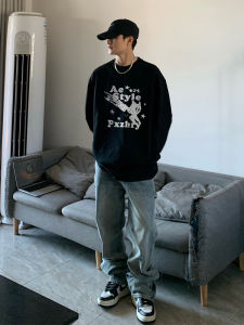 Heavyweight Pure Cotton Long Sleeve T-Shirt Mens Casual Loose Fit round Neck Printed Comfortable Breathable Autumn Streetwear