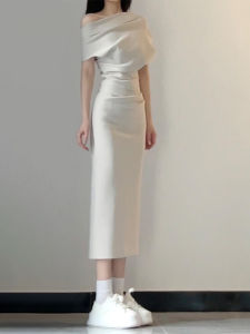 HUAYILING | Asymmetric Hem Slip Dress Irregular Neck Off-Shoulder Slim Waist Summer