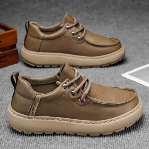 Mens Autumn Winter Thick Bottom Sports Casual Leather Shoes Khaki Heightening Anti-slip Fashionable All-match Board Shoes