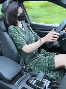 YUFUQING | Elegant Green French Style Womens Dress Summer 2024 Fashionable Slimming Long Skirt Polyester Fiber Short Sleeve V-neck H-type