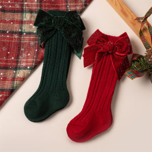 2Pairs/Lot Toddler Kids Christmas Knee High Socks Girls Cute Big Bowknow New Year Cotton Long Baby Socks Soft Warm Leg Warmers
