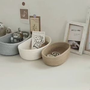 MERCUR table top sundries storage basket cosmetics snack entrance hand-woven cotton thread storage basket boat type basket fashion gift women hand-woven Nordic cotton rope cosmetics storage table sundries storage basket