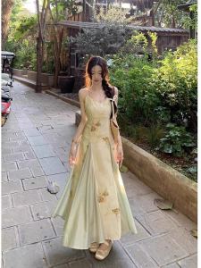 New Chinese Style Gentle Color Block Strap Dress Women Summer 2025 Mint Wave Personality Fish Tail Long Skirt A-Line Dress