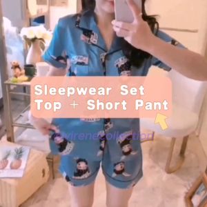 VIRENE Women Sleepwear 2 Pcs Set Short Sleeve Top + Short Pant Nightwear Pyjamas Plain Design Baju Tidur Wanita 韩版女士短袖短裤睡衣套装纯色 Ready Stock 320068 - Virene Collection
