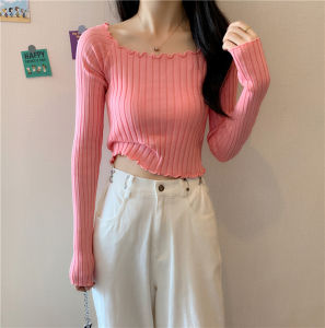 ชิค สั้นบาง เสื้อสเวตเตอร์ถัก ผู้หญิง ทันสมัย คอไหล่เดียว ดีไซน์ ฤดูใบไม้ผลิ ฤดูใบไม้ร่วง เสื้อท่อนบน วัสดุคุณภาพ สไตล์การเดินทาง