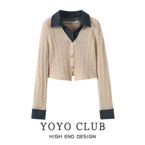 ขนาดใหญ่ เดนิม งานเย็บปะติดปะต่อ เสื้อสเวตเตอร์ถัก ผู้หญิง ดีไซน์ Sensation ฤดูใบไม้ร่วง ฤดูหนาว แฟชั่นผู้ชมขนาดเล็กปุ่มขึ้นคอโปโลแขนยาว เสื้อท่อนบน