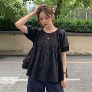Flattering Loose Big Size Summer Short Sleeve Shirt with Tummy Control and Pleat Design for Plus Size Ladies