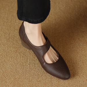 French Style Retro Wedge Granny Shoes Female 4cm Spring and Autumn New Arrival Leather Low-Cut round Toe Mid Heel Mary Jane Shoes