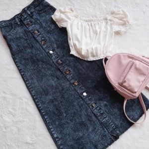 Rok Jeans kancing Panjang Kancing Depan Hitam Snow JEANS KANCING DEPAN BUKAN SPAN