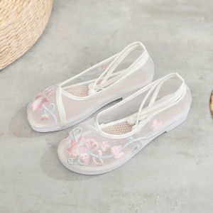 Breathable Shoes Summer Thin Chinese Ancient Style Elegant the Han-Style Clothing Shoes Ethnic Style Embroidered Mesh Surface Shoes Flats Breathable Sandals Womens Shoes