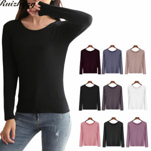 Ruizhijzg Ready Stock Plus Size 40-80KG Modal Cotton Long Sleeve Round Neck T Shirts For Woman Casual Ladies Girls Slim Long Sleeve Shirt Tank Top Soft  Fashion Plain Color