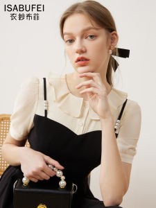 Original Summer Fashion French Style Fake Two-Piece Dress Womens Waist-Cinching Black Midi Skirt Sweet Princess Ball Gown