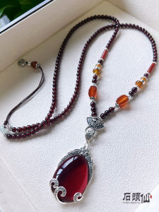 Pure Silver Long Pendant Necklace with Red Ruby Quartz Crystal Vintage Sweater Chain Luxury Light Weight Gemstone Jewelry for Women