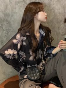 QFN | Floral Long Sleeve Slimming Fashionable Retro Silk-Spun Chiffon Shirt