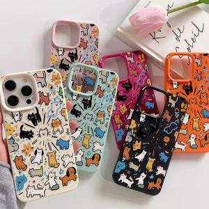 Leather Silicone Cat Dog Graffiti Phone Case For iPhone 17 Pro Max 16 13 11 15 14 12 17Promax 16promax Shockproof Funda Cover