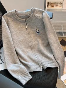 Ladies Knitted Bear Embroidery Open Cardigan Soft Cozy Double Zipper Trendy Sweater Jacket Loose Style Female Inner Wear