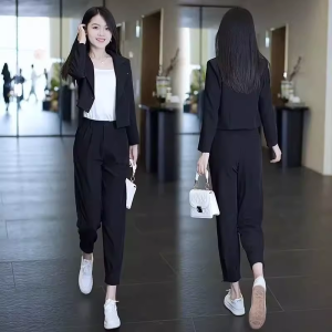 Fashionable Womens Mini Suit Set Three Pieces Autumn 2024 New Style Elegant Casual Professional OL Polyester Long Sleeve Button