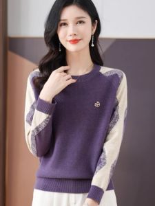 ผู้หญิง เสื้อสวม เสื้อสเวตเตอร์ถัก คอกลม หลวม เสื้อเชิ้ต Bottoming สไตล์สั้นพอดี ผ้าฝ้าย 80% แคชเมียร์ 20% ฤดูใบไม้ร่วง แฟชั่น 2024