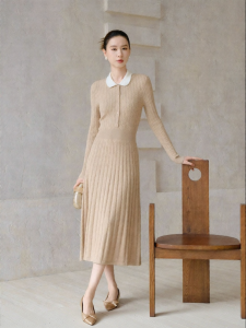 XXNING | French Color-blocking Stand Collar Knit Dress Female Fall Slim Fit Elegant Long Dress
