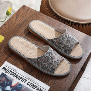 Dép Lê In Hoa Phong Cách Châu Âu Da Thật Cho Nữ Cặp Đôi Vải Lanh Nghệ Thuật Dùng Trong Nhà Trong Nhà Chống Trượt Không Hôi Chân Đế Mềm Nam Mùa Hè