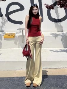 Extended Khaki Flared Casual Pants Womens Loose Fit Straight Leg Low Waist Zipper Closure Summer 2025 Fashion Versatile Thinming Trousers
