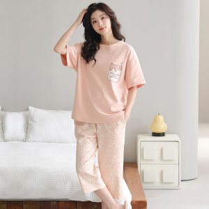 Miiow | Pure Cotton Summer Sleepwear Womens Short Sleeve Seven-Piece Pants Two-Piece Set Cat Person Home Clothes Thin Style Outfit