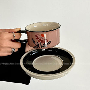 Retro Hand-Painted Orange Ceramic Coffee Cup with Lid Sakura Purple Sunflower Afternoon Tea Cup Latte Cup Unique Gift
