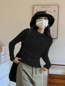 เสื้อยืดคอกลมแขนยาวทรงสลิมฟิตสำหรับผู้หญิง เสื้อชั้นในฤดูใบไม้ร่วง/ฤดูหนาว เสื้อคลุมกันหนาวแบบหนา คอตั้งสั้น เสื้อผ้าทำงานสไตล์เกาหลี