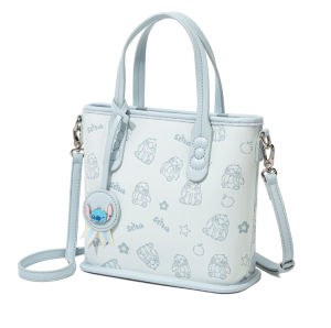 ตะกร้าพีวีซีอเนกประสงค์สำหรับผู้หญิงภาพลายนูนรูปตัวการ์ตูนน่ารักสไตล์สติทช์สีฟ้าอ่อนไหล่ข้างหนึ่งกระเป๋าถือสะพายไหล่