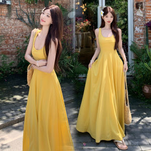 AIYITI | French Tea Break Square Collar Strapless Dress Women Summer Plus Size Vacation Style Waist Cinched Vest Yellow Long Dress