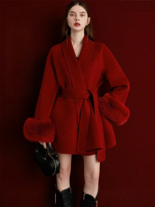 D-PLAY | 100 Wool Coat Fox Fur Red Double Face