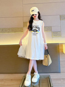 Summer New White Fairy Tale Princess Skirt for Girls Childrens Clothing Mesh Dress Korean Style Print round Neck Sleeveless