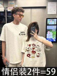 New 2025 Couple Matching Summer Cotton T-Shirts Womens Short Sleeve round Neck Pure Cotton Sweat Absorbent Printed Top