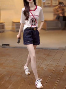 Shalldoer | Unique Beautiful Summer Cartoon Print Color Block Short Sleeve T-Shirt And Denim Shorts Two Piece Set For Women Round Neck Short Length