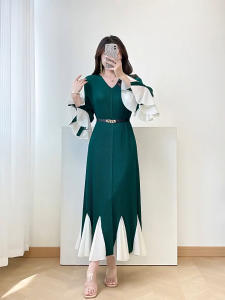 Đầm chất thun lò xo dập ly vảy cá kèm belt thiết kế tay phối voan thanh lịch - 55kg.Linh