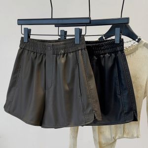 Leather Shorts Women Spring Autumn Winter 2024 New Arrival High Waist Slimming All-Matching PU Leather Pants Wide Leg Elastic A- line Outer Wear Boots