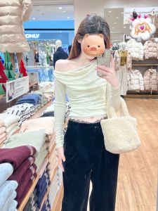 BINKAFENNY | French Sweet Lace Splice Knitted Top Womens Autumn Waist Cinching Shoulder Exposure Short Style Oscillating Collar Blouse