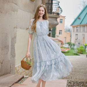 XIANGYING | French Style Polka Dot Off-shoulder Bubble Sleeve Dress