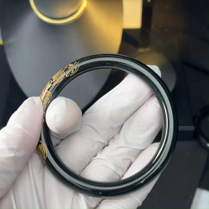 TIMESWIND Natural Original Jade Gold Tracing Lotus Round Thin Deep Green Women Bangle Ancient Chinese Style Gift with Certificate