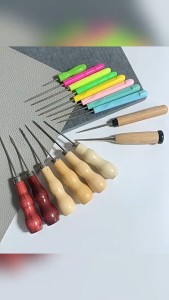 2pcs Wooden Handle Shoe Repair Awl Leather Sewing Cobbler Tool Hand Stitcher Straight Hook