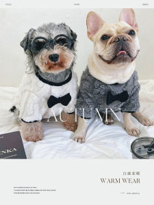 French Bulldog Style Knitted Sweater with Bow Tie Two-Leg Plush Fleece Warmth Extra Large Dog Clothes for Autumn Winter Pets