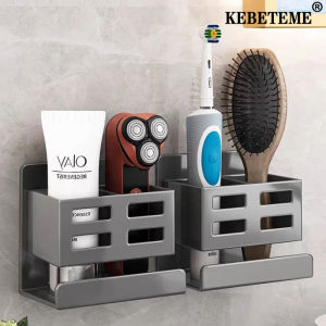 KEBETEME 2 In 1 High-capacity Storage Rack Bathroom Comb Razor Metallic Storage Rack Hole-free Wall-mounted Toilet Cosmetics Toothbrush Toothpaste Container