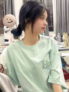 Design Sensation Cotton Short Sleeve T-Shirt Womens Mint Wave Letter Print Sweet Cool Top Trendy Casual Female Clothing