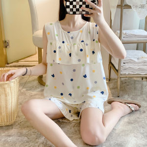 Summer Womens Cotton Silk Sleepwear Loose plus Size No Poking Outerwear Capri Set Home Clothes Short Sleeve round Neck