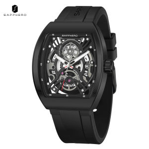 SAPPHERO SO2223 Mens Quartz Watch Tonneau Skeleton Dial Luminous Hands Date 3ATM Mineral Crystal Silicone Strap Wristwatch