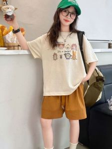 เสื้อยืดฤดูร้อนลําลองสําหรับเด็กผู้หญิงอายุ 8 ถึง 13 ปีผ้าฝ้ายแท้แขนสั้นการ์ตูนแอนิเมชั่นดีไซน์ชุดลําลองอเนกประสงค์